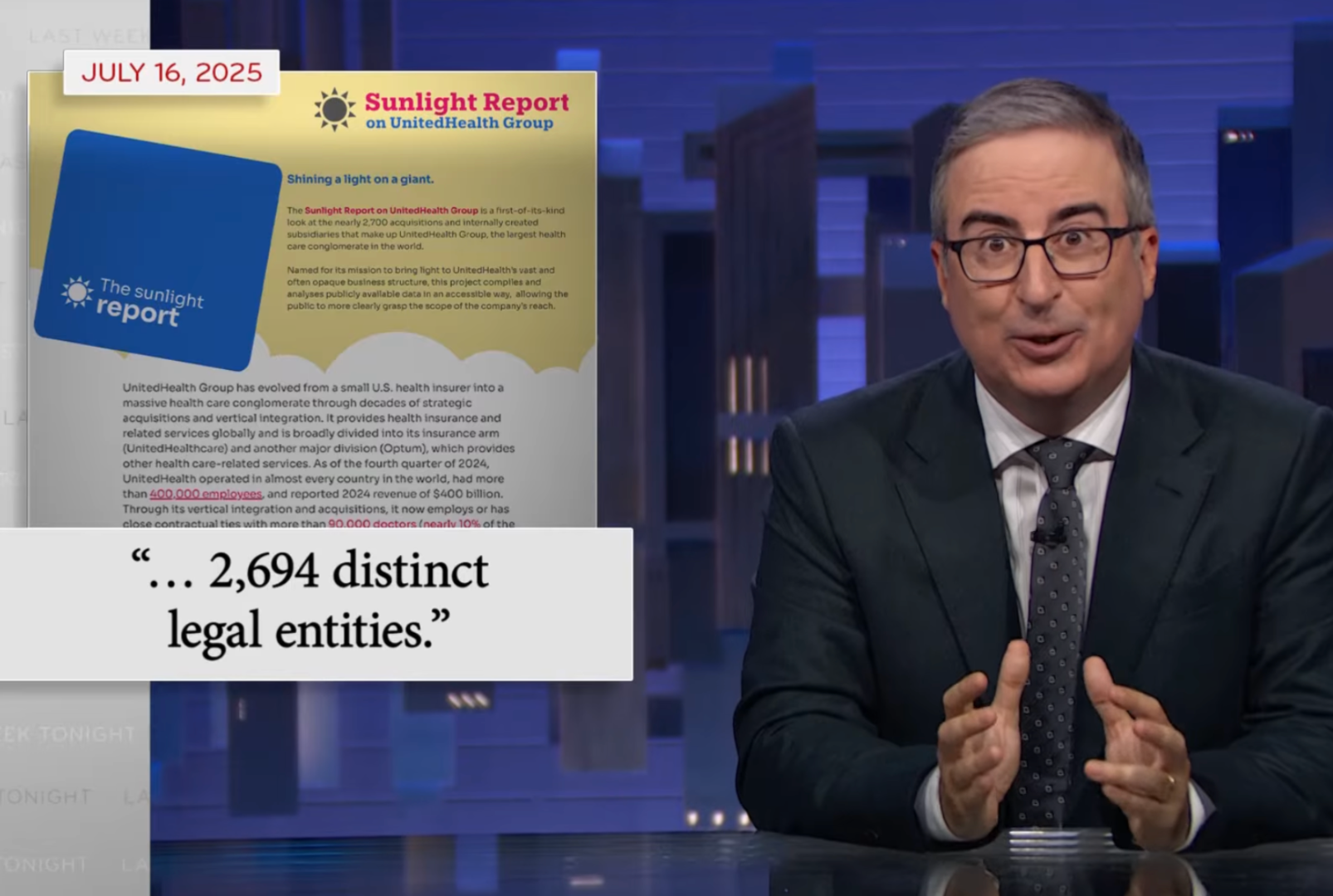 John Oliver discussing the Sunlight Report on Last Week Tonight